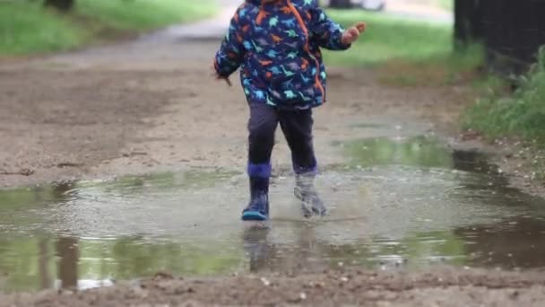 Glad bekymmerslös barn löper genom en pöl i regnrock och blå gummistövlar — Stockvideo