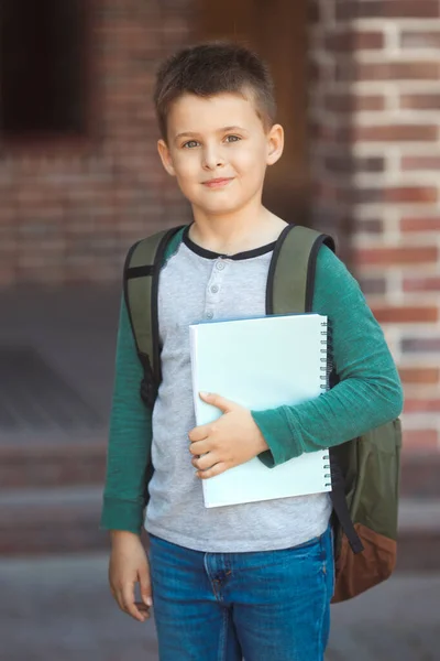 Leende liten pojke 6-7 år gammal går i skolan i avslappnade kläder och ryggsäck — Stockfoto