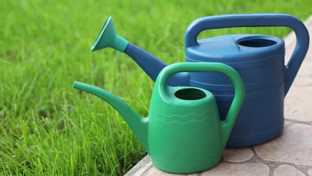 The gardener in gloves chooses a watering can for watering plants and gardening — Stock Video