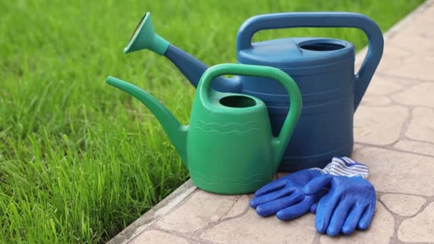 Conjunto de jardineros con regadera y guantes para jardinería sobre fondo de césped — Vídeo de stock