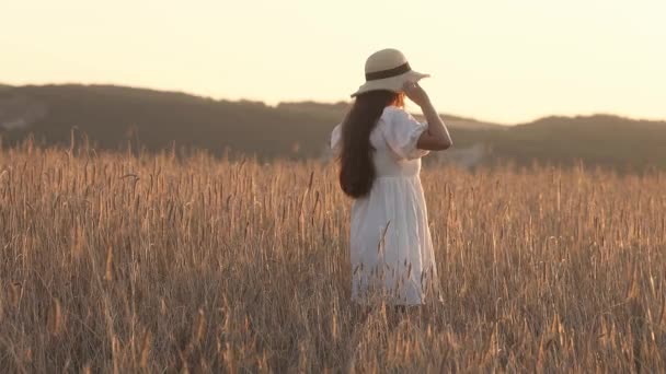 어느 여름날 밀밭에서 긴 머리를 하고 있는 25-30 세 의젊은 여자 — 비디오