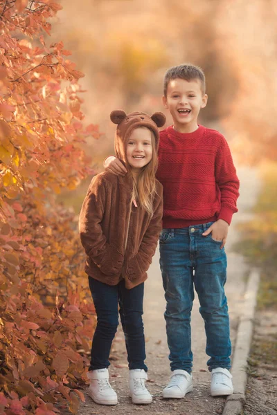 Happy friends hugging on a walk in the fall park. Portrait of a caucasian sister and brother in beautiful outfits on a sunny autumn day in forest. Family lifestyle concept. — Stock Photo, Image