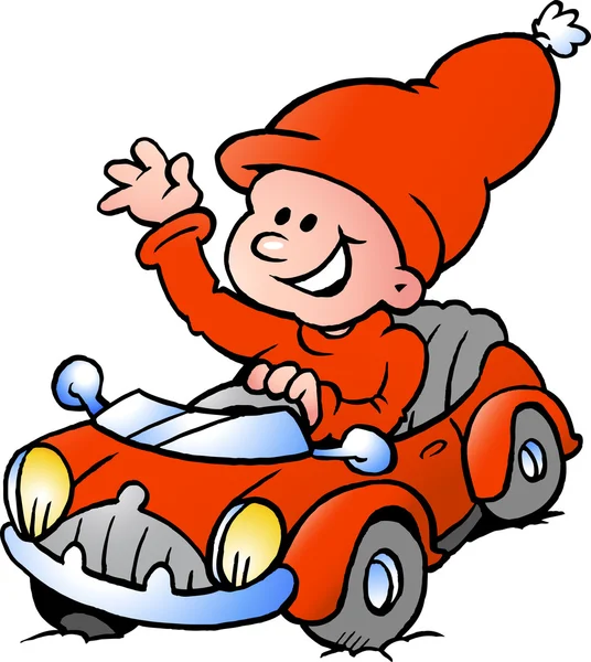 Ilustración vectorial dibujada a mano de un Elfo Feliz Navidad conduciendo en un coche deportivo rojo — Archivo Imágenes Vectoriales