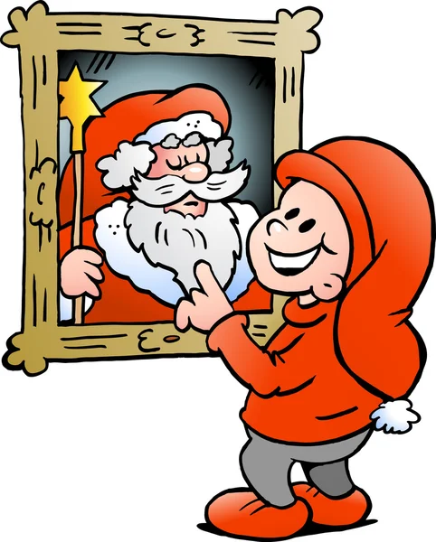 Hand-drawn Vector illustration of an Happy Christmas Elf looking at a picture of Father Santa Claus — Stock Vector