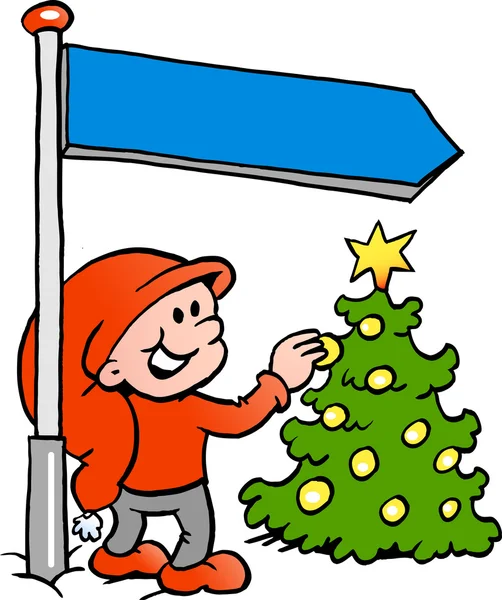 Hand-drawn Vector illustration of an Happy Christmas Elf looking at a Christmas Tree — Stock Vector