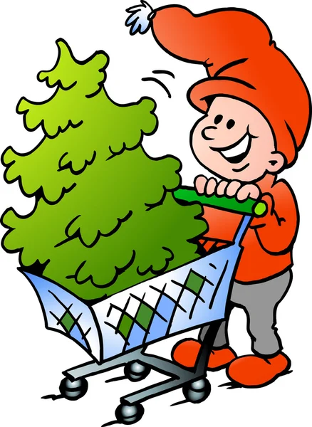 Illustrazione vettoriale disegnata a mano di un Elfo di Natale felice che acquista un albero di Natale — Vettoriale Stock