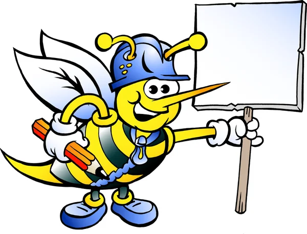 手绘矢量插画的快乐工作蜜蜂举着牌子 — 图库矢量图片
