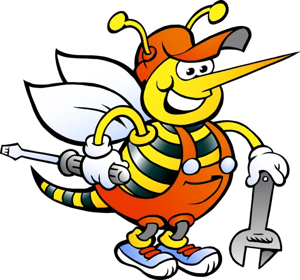 Kreslené vektorové ilustrace šťastný pracovní Bee drží klíč a šroubovák — Stockový vektor