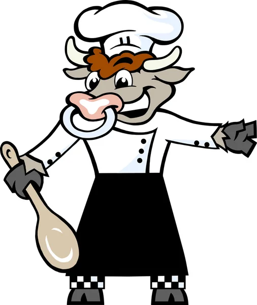 Handritade vektor illustration av en glad Bull Chef stående och Välkommen med en sked i hans hove — Stock vektor