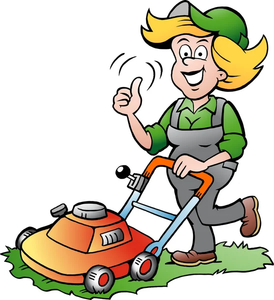 Cartoon illustration of a Handy Gardener Woman riding on a lawnmower — стоковый вектор