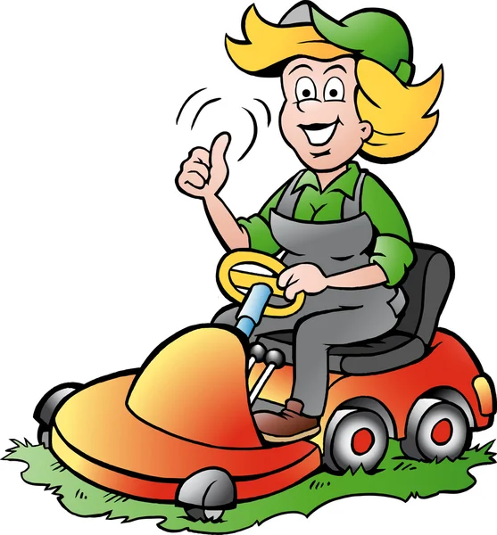 Cartoon-Illustration einer handlichen Gärtnerin, die auf einem Rasenmäher reitet — Stockvektor