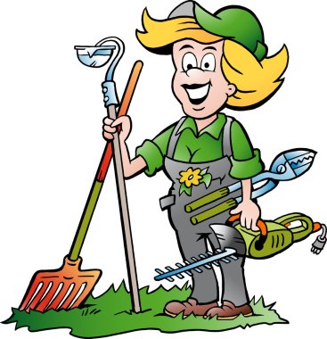 Bahçe aletleri o ile kullanışlı bahçıvan kadın ayakta illüstrasyon karikatür