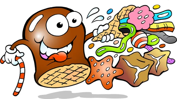 Vector Dibujos animados ilustración de una crema Puff celebración de un cono con una selección de deliciosos caramelos — Archivo Imágenes Vectoriales