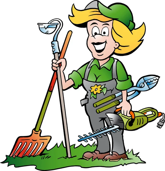 Cartoon-Illustration einer handlichen Gärtnerin, die mit seinen Gartengeräten steht — Stockvektor