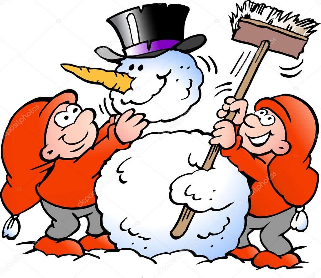 Vector Cartoon illustration of two happy Elf making a big Snowman