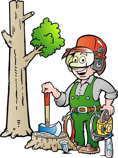 Kreslené vektorové ilustrace Happy práci dřevorubce nebo dřevorubec — Stockový vektor