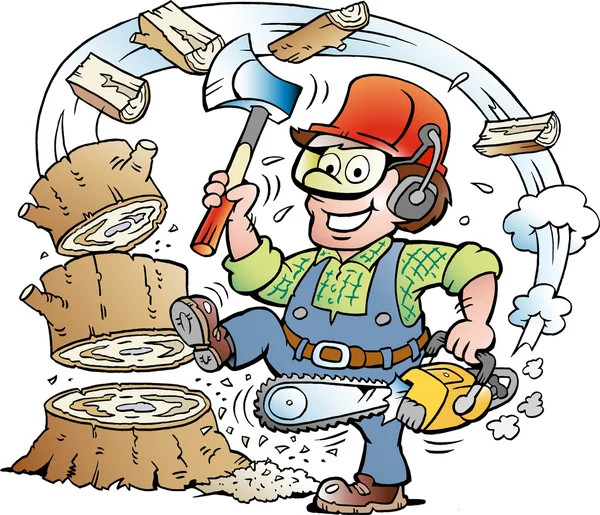 Vector Cartoon afbeelding van een gelukkig werken Lumberjack of houthakker die chrop hout — Stockvector