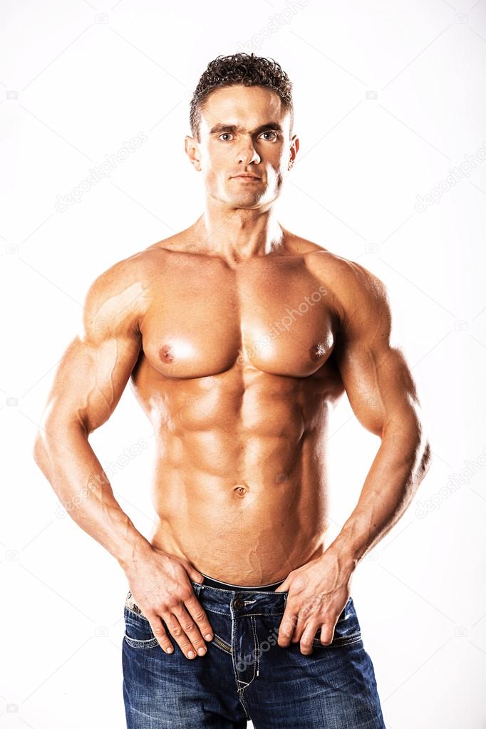 Strong Athletic Man showing muscular body and sixpack abs over white  background.Muscular bodybuilder guy doing exercises with dumbbells over  white background.Muscular man on white background Stock Photo by  ©bychkovskiy 107368812