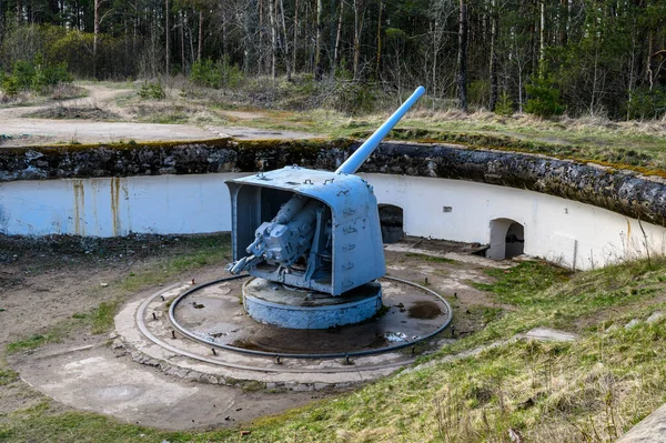 Konna artyleria okrętowa. duża armata na ramie. Region Leningradzki Fort Krasnaya Gorka. Dzień Zwycięstwa. — Zdjęcie stockowe