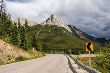 Yol dönüşü işareti. Jasper il parkı yakınlarındaki otoyol, Alberta, Kanada