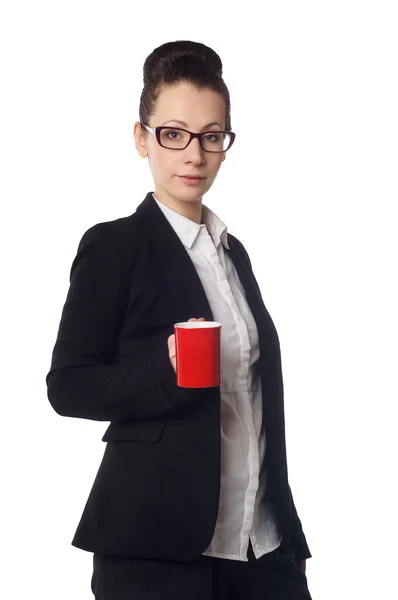 Young woman holding white cup of coffee — Stock Photo, Image