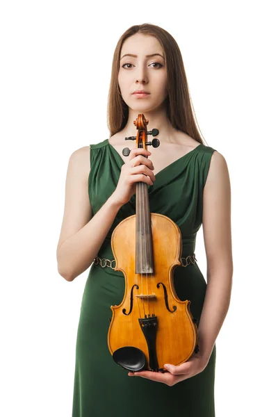 Krásná mladá žena hrající housle přes bílý — Stock fotografie