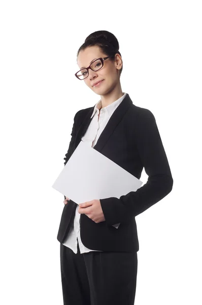 Woman showing blank copyspace isolated — Stock Photo, Image