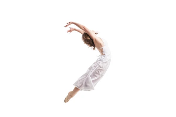 Mujer joven bailando en vestido sobre blanco —  Fotos de Stock