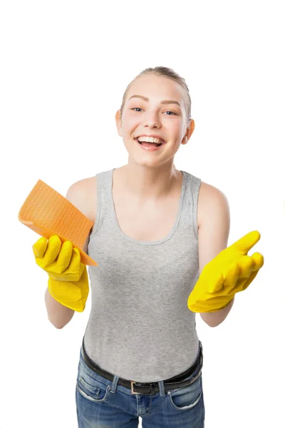 Sorridente giovane donna con pulire isolato — Foto Stock
