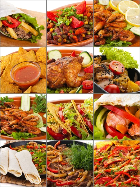 Collage de divers plats de viande ou de poisson en gros plan — Photo
