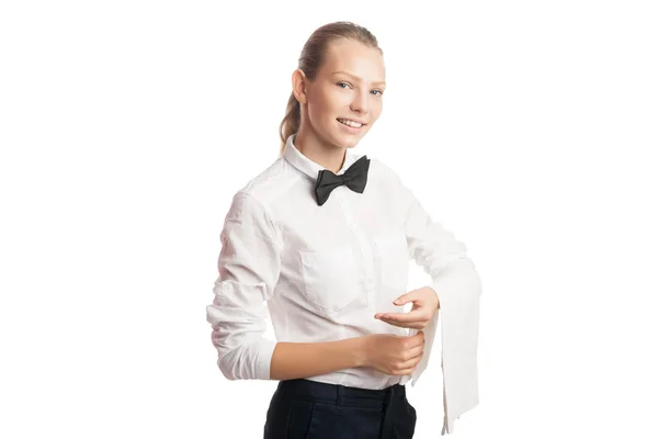 Portrait of young waitress with towel on arm — Stock Photo, Image