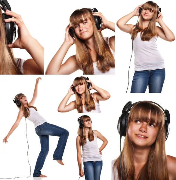 Set of images smiling teen girl listening to music isolated on white — Stock Photo, Image