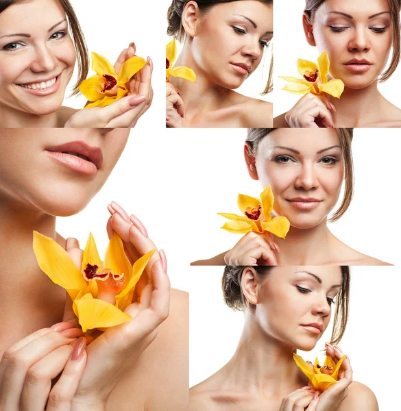 Collage von Porträts schöne Frau mit orangefarbener Blume isoliert — Stockfoto