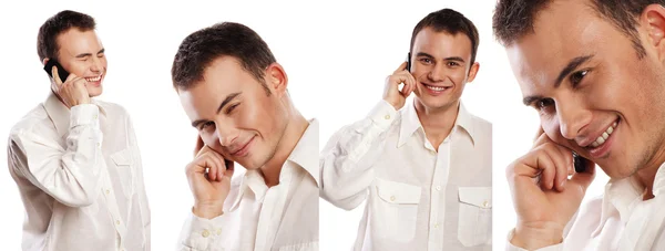 Colagem de retratos homem de negócios com telefone isolado no fundo branco — Fotografia de Stock