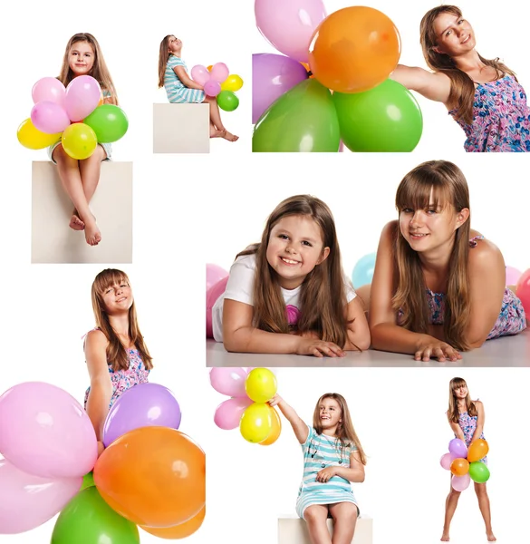 Happy children with balloons celebrating isolated on white — Stock Photo, Image