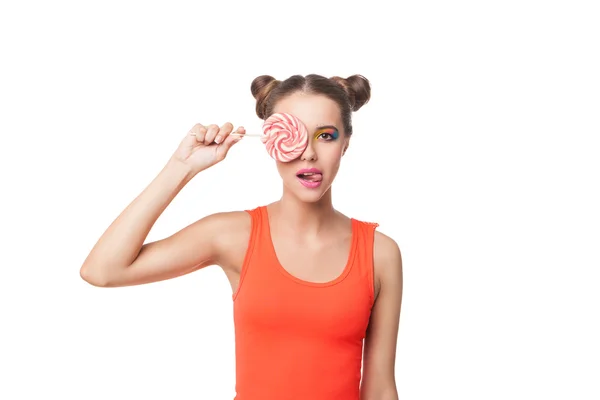 Smiling woman with lollipop — Stock Photo, Image