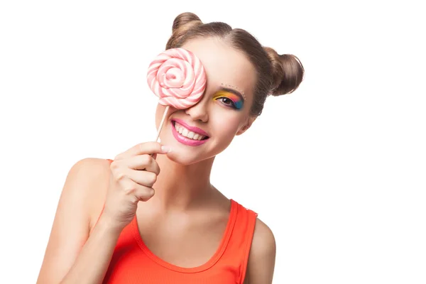 Wanita tersenyum dengan lollipop — Stok Foto