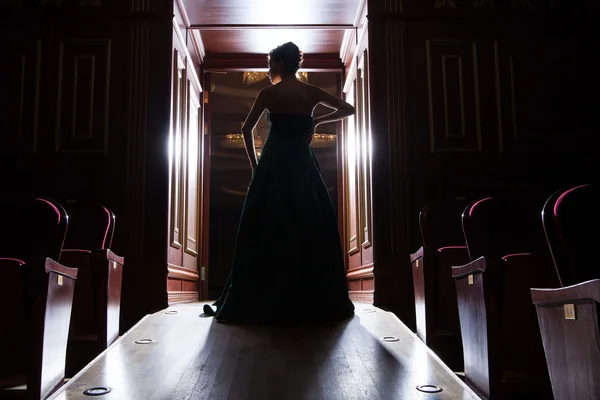 Vista trasera de la silueta elegante de las mujeres en puertas — Foto de Stock