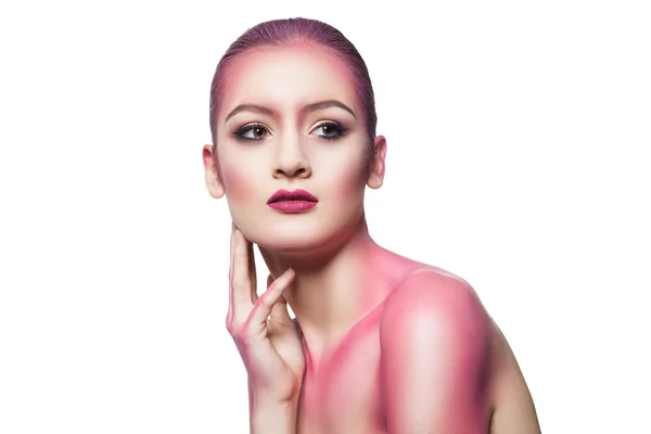 Young model with body and face covered pink glitter — Stock Photo, Image