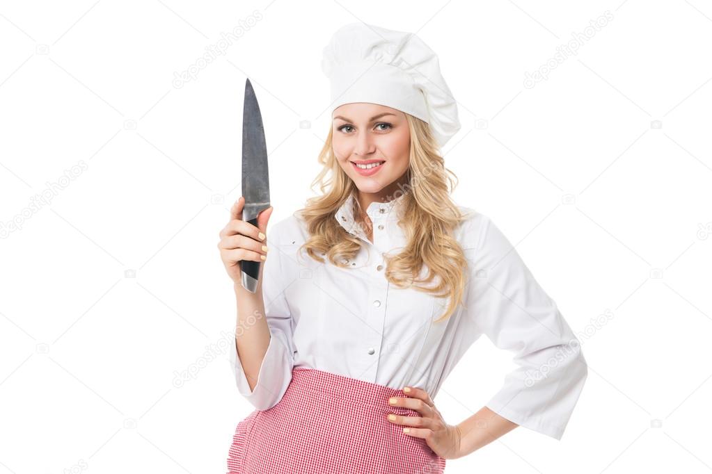 美丽的金发女人 厨师制服与刀 图库照片 C Julenochek 美丽的金发女人 厨师制服与刀 图库照片 C Julenochek