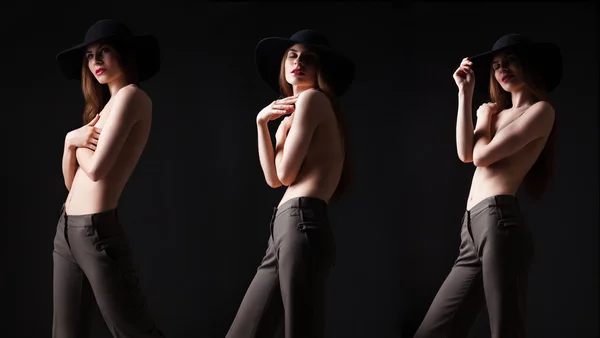 Collage van portret mooie jonge topless model in hoed — Stockfoto