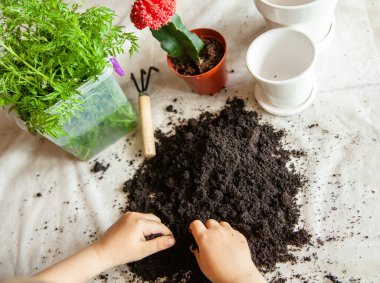 Bahçeyle uğraşırken toprağın üstünde oynayan mahsul çocuğu.