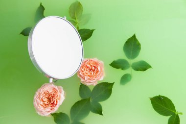 Gül çiçekleri ve aynalar sütlü sularda