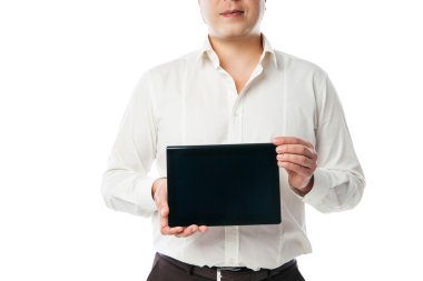 Tablet Pc ile siyah ekran holding iş adamı