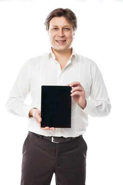 Biznes człowiek trzymając tablet Pc z czarnym ekranem — Zdjęcie stockowe