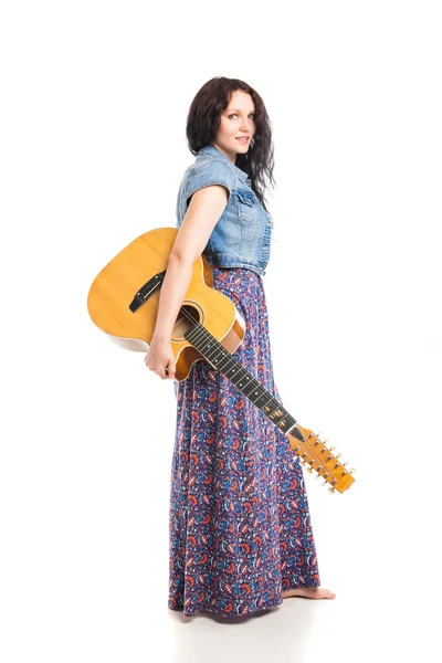 Hippie girl with the guitar isolated on white — Stock Photo, Image