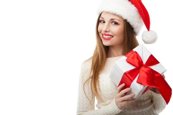 Woman hold christmas gift on white background — Stock Photo, Image