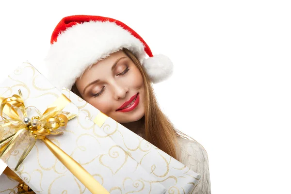 Woman hold christmas gift on white background — Stock Photo, Image