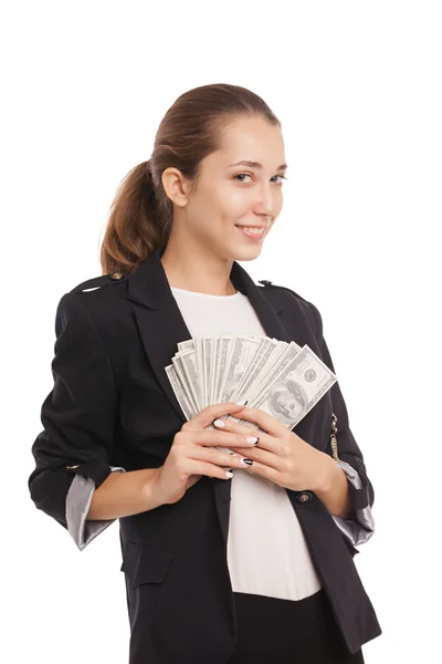 Dolar nakit para ile genç iş kadını — Stok fotoğraf