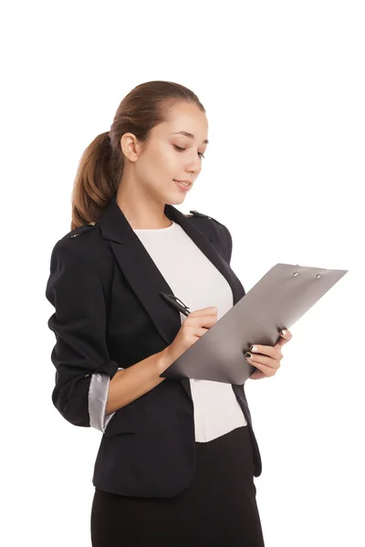 Mujer de negocios sonriente con carpeta de papel aislada — Foto de Stock